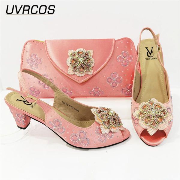

dress shoes ladies sweet pink color italian and bag set decorated with appliques matching in high heels for party, Black
