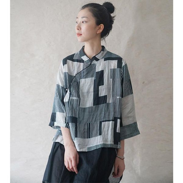 

scuwlinen 2021 autumn new women geometric patchwork print stand-collar loose ramie shirt zen blouse p265, White