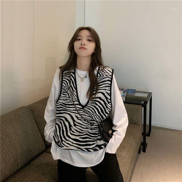 

women's vests knitted sweater vest women 2021 autumn korean style vintage zebra striped v neck sleeveless pullover tank waistcoat t544, Black;white