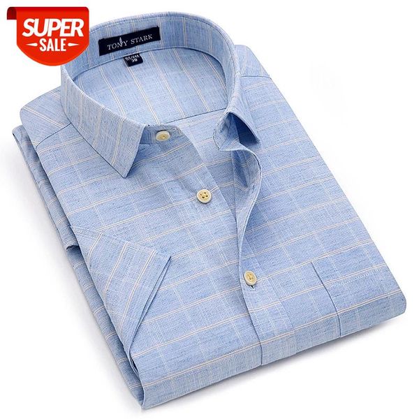 

new summer short sleeve turndown collar linen soft comfortable cool plaid print solid business mens shirts 9colors s to 4xl size #xz0k, White;black