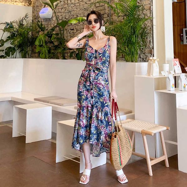 

summer sling print asymmetric lace fishtail dress sleeveless office lady v-neck summer knee-length 210603, Black;gray