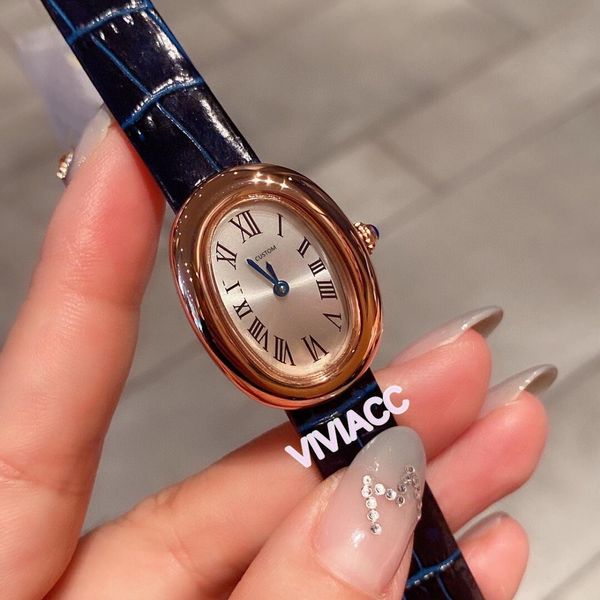 Mulheres Clássicas Número Romano Quartzo Relógios De Couro Genuíno Relógio De Couro Feminino Aço Inoxidável Sapphire Geométrico Oval Relógio Oval 32mm