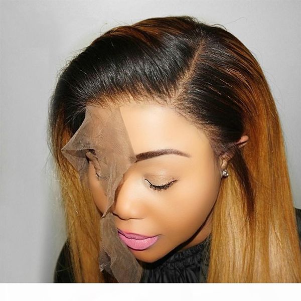 

ombre straight lace part human hair wigs with baby hair density 150 natural hairline colored part lace wigs for women remy hair, Black;brown