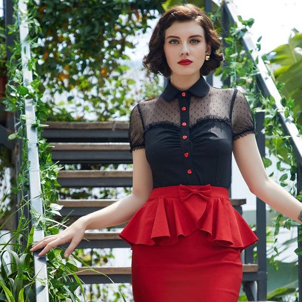 

belle poque womens shirts short sleeve blouse ladies party elegant lapel collar red buttons mesh patchwork summer new 2021, White