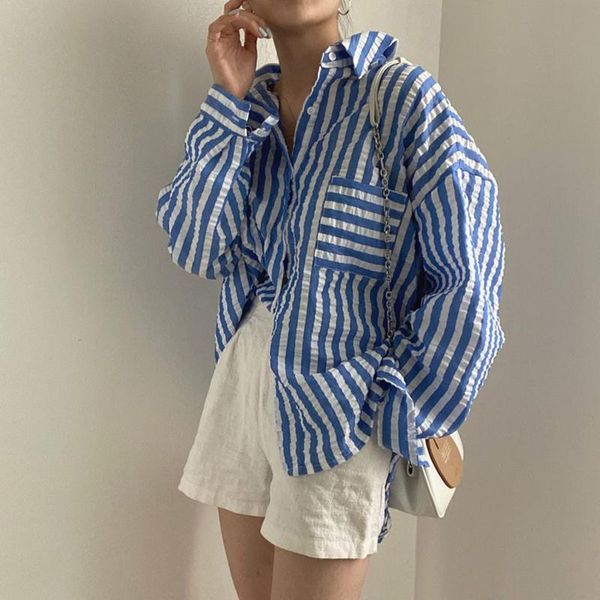 

women's polos korean version of lazy minimalist style wild vertical stripes loose shirt spring temperament pleated top, White