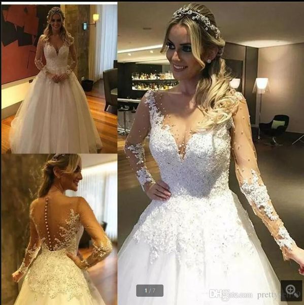 

2021 new arrival white tulle a line wedding dress beaded lace appliques long sleeve saudi arabic modest bride dresses princess muslim women