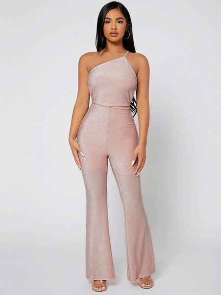 

petite one shoulder crisscross backless glitter flare leg jumpsuit y6in#, White