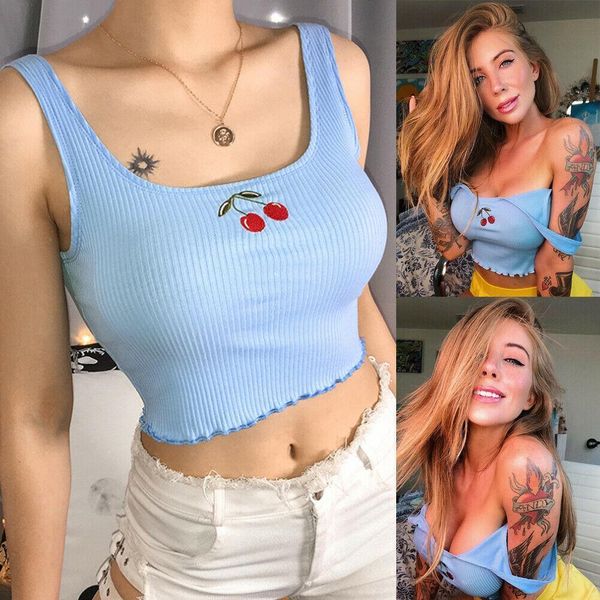 

womens embroidery print tank cami summer wide sling tank strappy vest sleeveless low neck crop, White