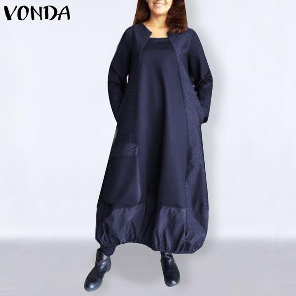 

elegant women long sleeve dress solid sundress 2021 vonda bohemian holiday long dresses casual vestidos plus size robe femme, Black;gray