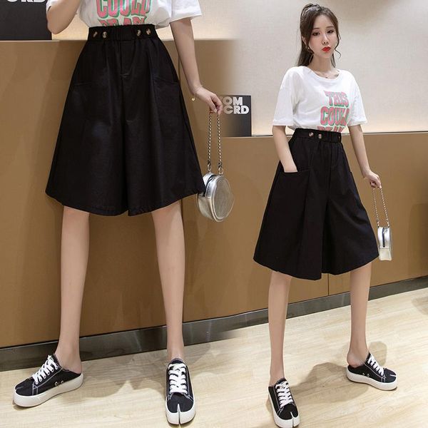 

women's pants & capris summer casual women korean version of high waist slim five-point wide-leg, Black;white