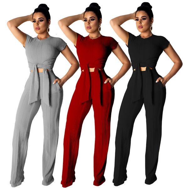 

2021 new solid ribbed knitted women two piece set front tie short sleeve crop pockets wide leg pants casual suit tracksuits 0mj9, White
