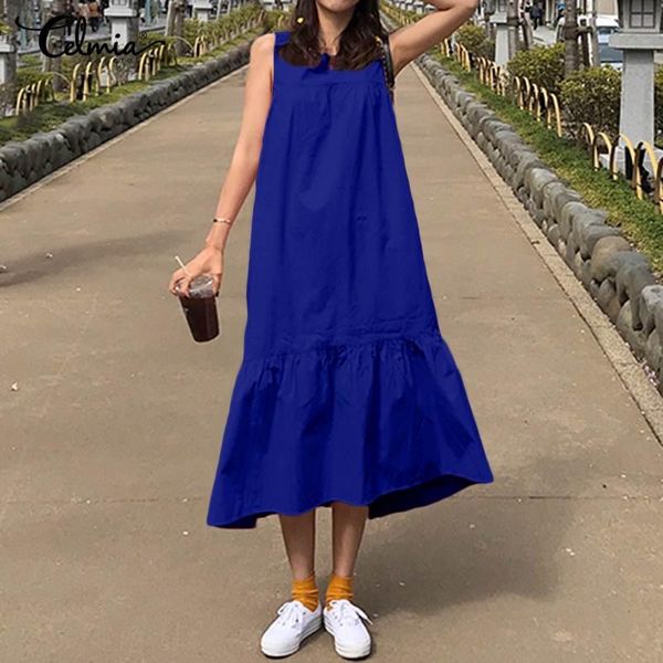 

casual dresses 2021 celmia women summer sleeveless sundress solid midi dress o-neck loose ruffles party vestidos robe femme s-5xl, Black;gray