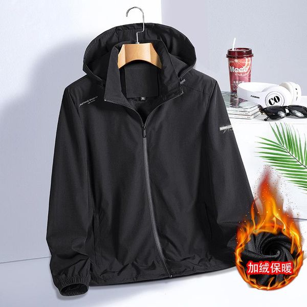 

men's trench coats autumn plus velvet thick coat solid color windproof waterproof outdoor windbreaker single-layer mountaineering suit, Tan;black