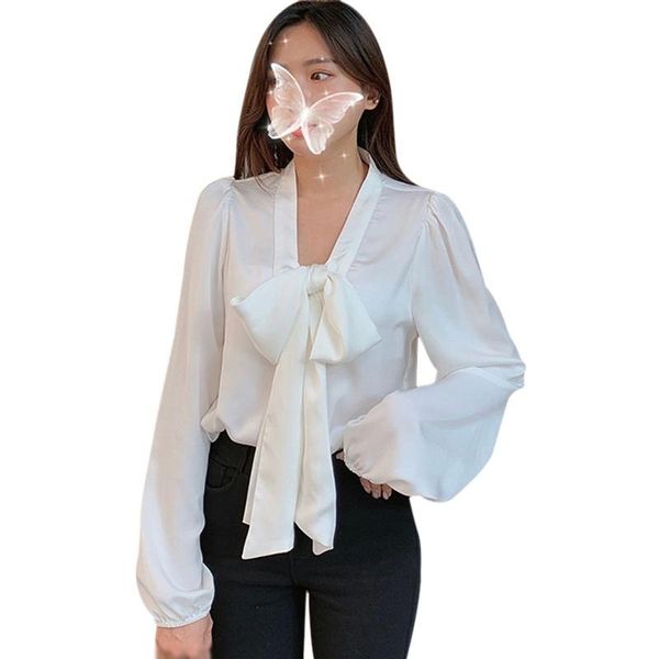 

women's blouses & shirts v neck solid bow sweet blouse long sleeve casual white shirt summer ladies clothing
