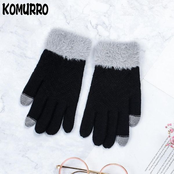 

five fingers gloves female knitted touch screen winter ladies wrist thicken warm full finger soft stretch knit mittens women guantes, Blue;gray