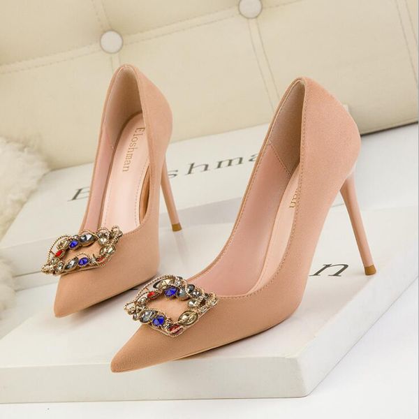 

black nude shoes woman heel metal letters high heels shallow pumps suede leather wedding stilettos pumps