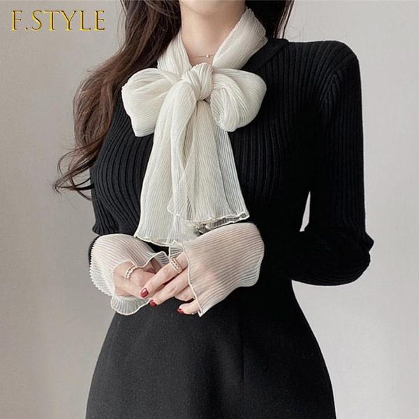 

women's sweaters french style ladies knitted mujer 2021 autumn bowknot silk scarf women strip stitch cuff knit pullovers, White;black