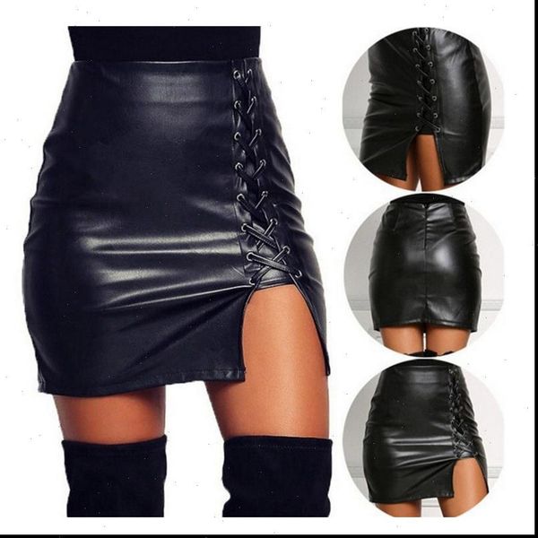 

black lace up pu leather skirts spring summer womens side split pencil skirts vintage bodycon mini skirt