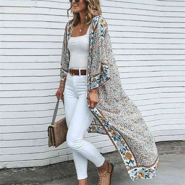 TEELYNN Kimono Cardigan lang Damen Bluse Shirt Vintage Blumendruck Boho Robe Strand vertuschen Sommer Wrap Blusa 210719