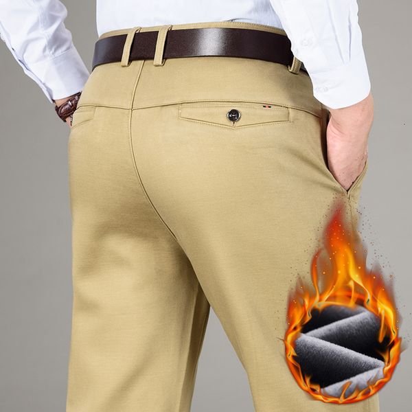 

2021 new 5 colors winter men's warm fleece casual classic style business fashion straight khaki modal thick trousers male brand 4rlt, Black