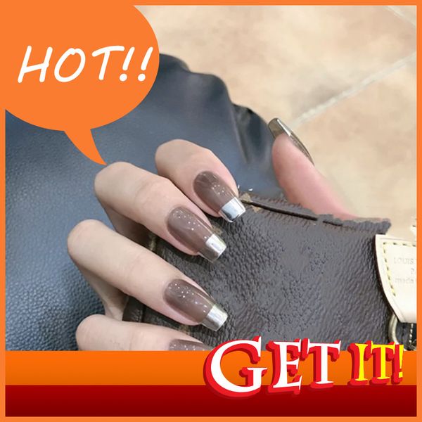 

stylist diy hand decorated nail nina 461 - silver french fake nail patch wearing finished 24 es, Red;gold