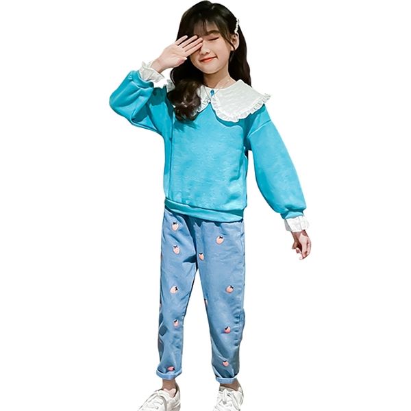 

children clothes patchwork girls outfits sweatshirt + starwberry jeans for teenage spring autumn kid 210528, White