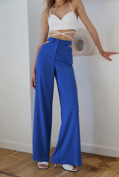 

women's pants & capris zipper elegant ladies blue trousers loose hollow out women wide leg high waist fashion straight, Black;white