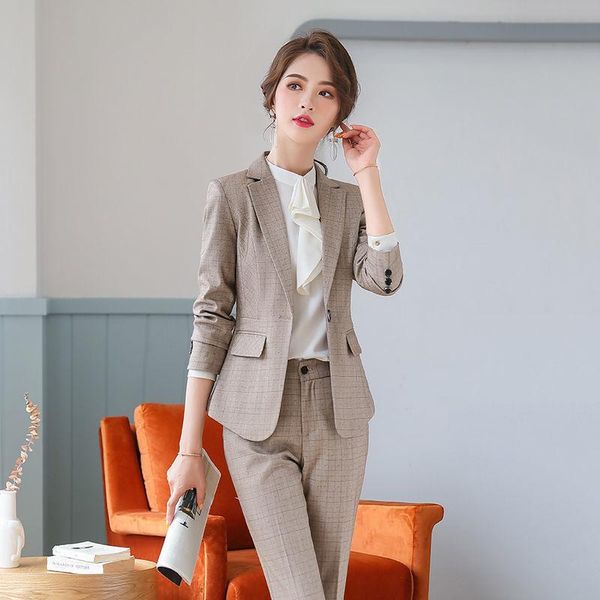 

women's two piece pants grey plaid suit 2021 spring female fashion temperament korean high-end business formal wear`1, White