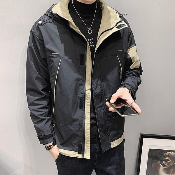 

men's jackets spring and autumn jacket fashion stitching zipper casual hooded slim letter printed high quality, Black;brown