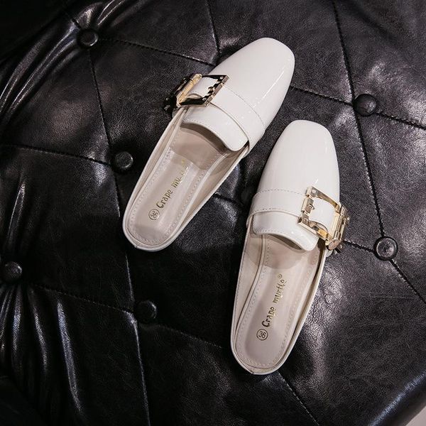 

slippers square toe flat mules shoes women metal buckle strap decoration babouche summer beach slides brand 2021, Black