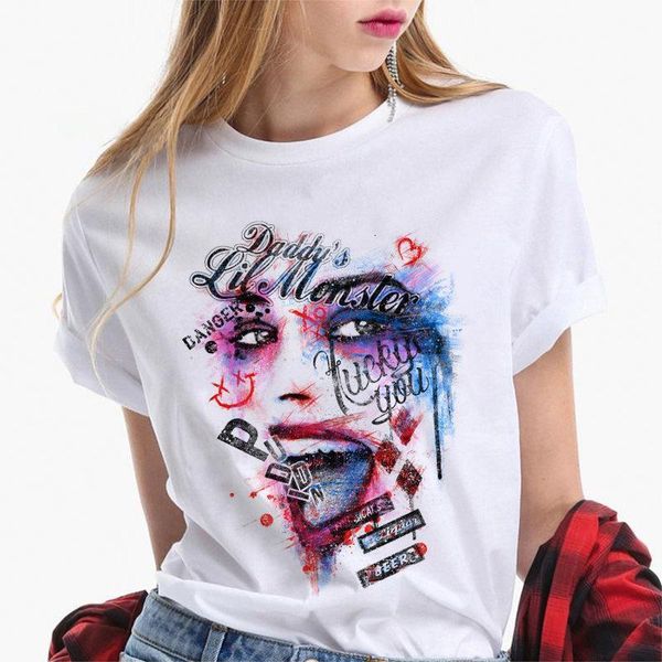

women's t-shirt suicide squad wild harley quinn graffiti t-shirt women casual retro street clothing t-shirt halloween skull tee, White