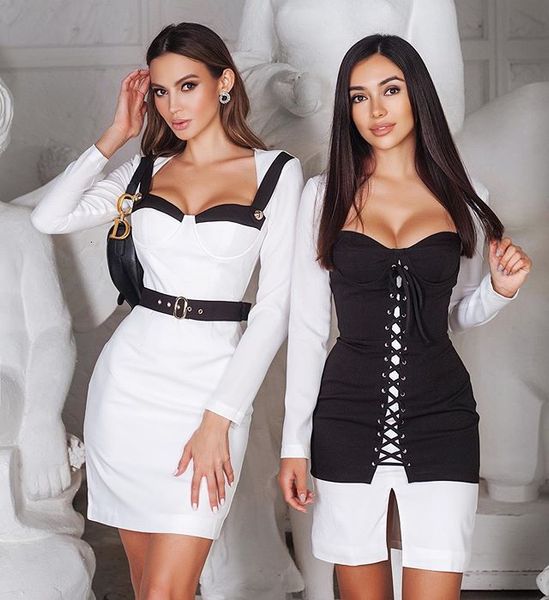 

swtao female low-v long-sleeve black puff bandage 2021 bodycon night club party dress nd7y, Black;gray
