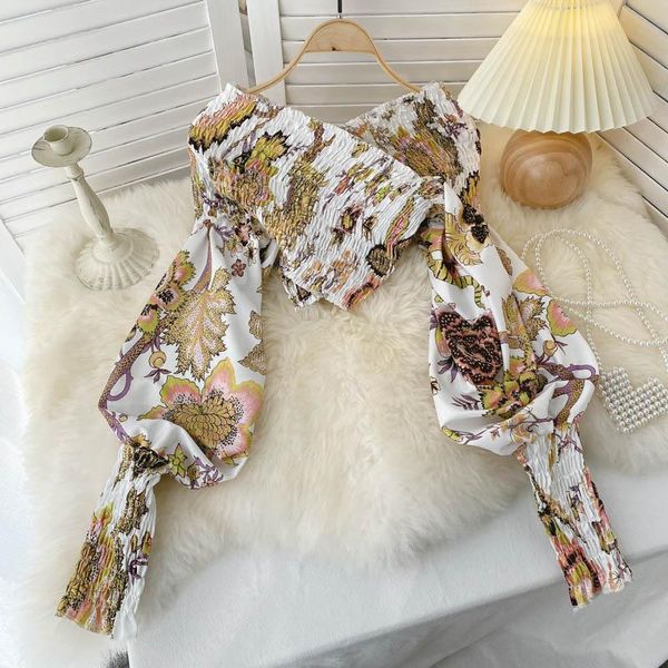 

women's blouses & shirts v-neck lantern long sleeve floral wrap blouse women elegant short female casual printed slim blusas 2021, White