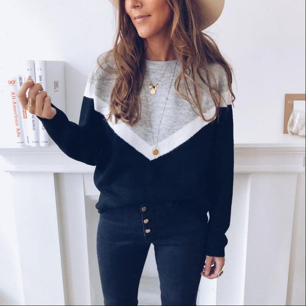 

2021 autumn winter women casual loose sweaters color matching design o neck long sleeve pullovers fashion ladies streetwear, White;black