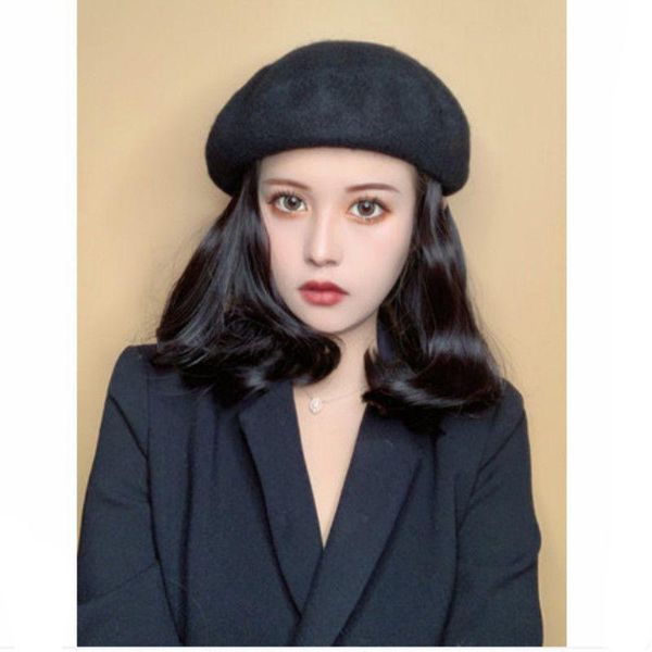 

synthetic wigs sinuo short wave wig with beret hat for women removable black autumn winter cap natural heat resistant hair