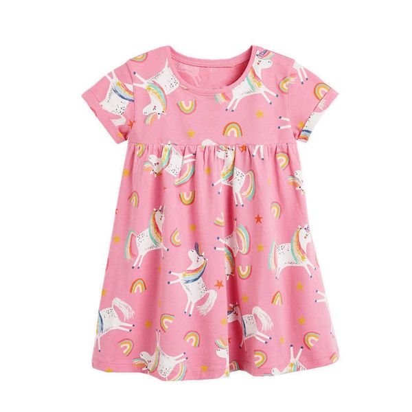 Atlama Metre Pamuk Prenses Unicorn Elbiseleri Yaz Bebek Giysileri Hayvanlar için Baskı Sevimli Kostüm Partisi Çocuklar Kız Elbise 210529