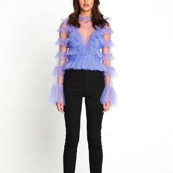 

long sleeve 2021 lace mesh ruffled o-neck fashion black women blou 3r9t, White