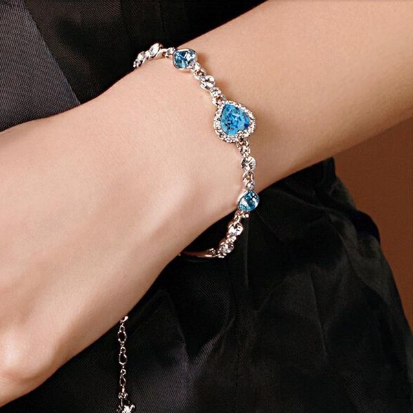 

lnrrabc new fashion cute women blue crystal rhinestones chain link heart charm bangle bracelet femme gift, Golden;silver