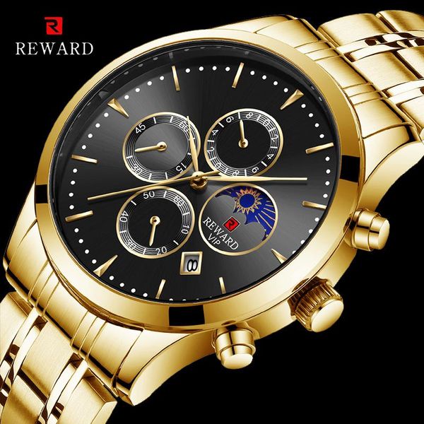 

wristwatches reward fashion men watches gold stainless steel quartz watch casual sport waterproof men's wristwatch 81007, Slivery;brown