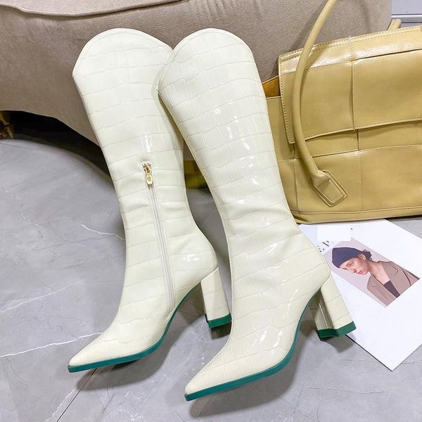 

boots 2022 winter women fashion gladiator pointed toe patent leather zipper western ytmtloy botines de mujer rubber knee high, Black
