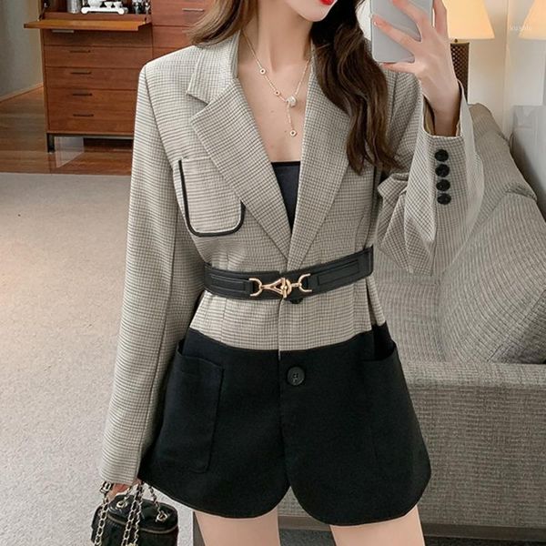 

women's suits & blazers autumn temperament fashion plaid pocket color matching belt casual suit coat office ladies jacket for women 202, White;black
