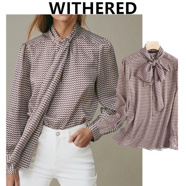 

withered new arrival autumn blouse women england vintage geometric printing bow casual blusas mujer de moda 2021 loose shirt top, White