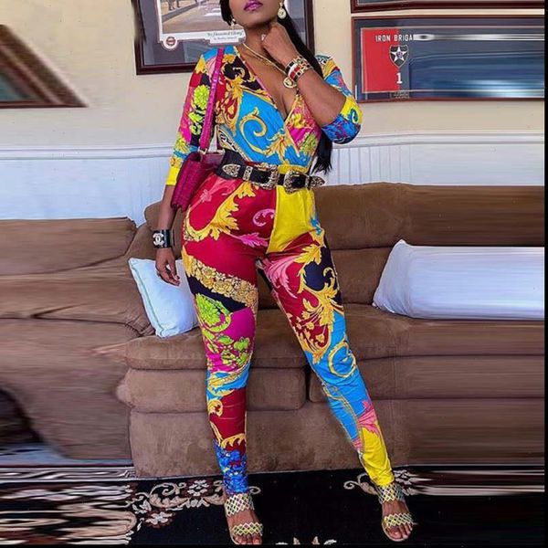 

women long sleeve vintage printed jumpsuit v neck bodycon overalls long pants club party jumpsuits, Black;white
