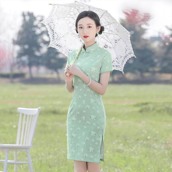

ethnic clothing chinese traditional short sleeve green floral print cotton linen cheongsam female party elegant qipao oriental dresses, Red