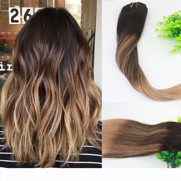 

8a 7pieces 120gram clip in human hair extensions balayage dark brown highlights brazilian human remy hair virgin, Black