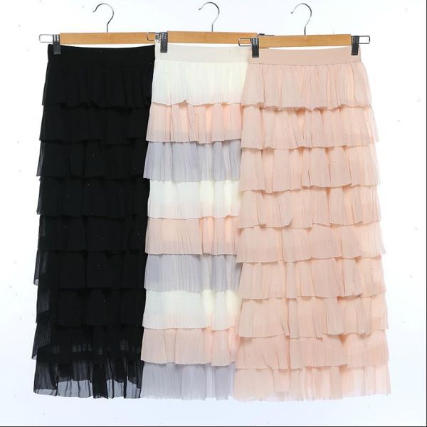 

spring high waist multi color patchwork cakee layered maxi long skirt women elegant long sweet pink long tiered skirt girl, Black