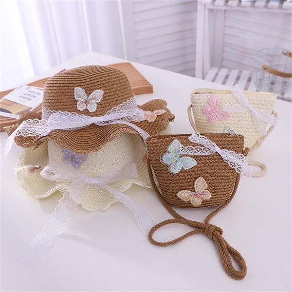 

caps & hats butterfly child summer straw hat 2-6y female baby girls matching bag sun shade flower pot beach backpack match, Yellow