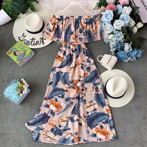 

ruffles vintage boho summer womens dresses off shoulder floral print midi long dress split party women elegant beach holiday, Black;gray