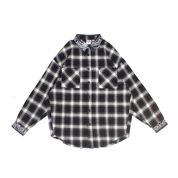 

new 2021 cashew flower men's plaid shirt color block men chemise homme harujuku japanese streetwear lapel male shirts ce21, White;black