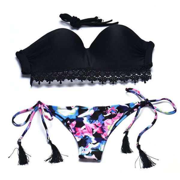 

2015 women set bh flowers badpak push-up badmode black bikini playa the bano dividido, White;black